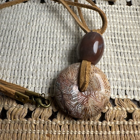 Coral Fossil “Dragon Bone” Donut Pendant and Ocean Jasper Bead on Suede Rope - Picture 10 of 13
